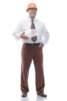 in full growth. smiling architect with drawings in a protective helmet. isolated on a white