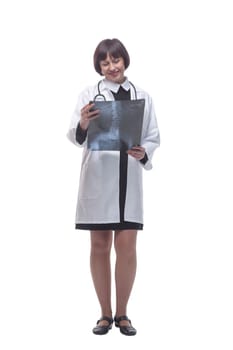 in full growth. smiling woman doctor with an x-ray. isolated on a white background.