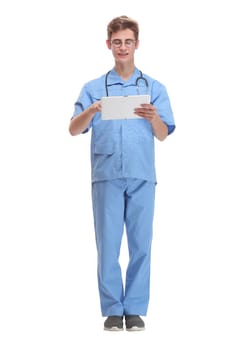 Smiling doctor with tablet computer isolated over white background. Concept of health care.