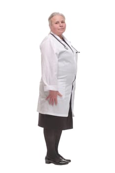 Msture doctor woman pointing with finger to the camera and to you, hand sign, positive and confident gesture from the front