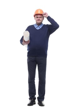 in full growth. male architect with drawings. isolated on a white background.