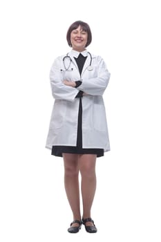 in full growth. a young woman doctor with a stethoscope. isolated on a white background.