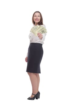in full growth. happy business woman with banknotes. isolated on a white background.