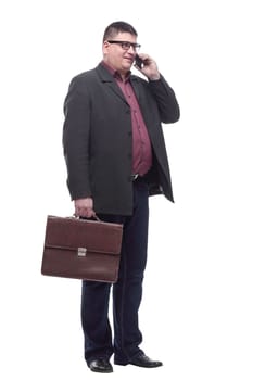 Mature business man with a smartphone. isolated on a white background.