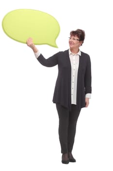 Image of mature woman isolated over white background. Holding speech bubble