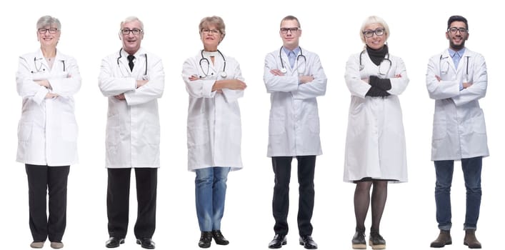 group of doctors in full length isolated on white background