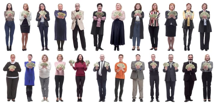 group of successful people with money in their hands looking at the camera on a white background