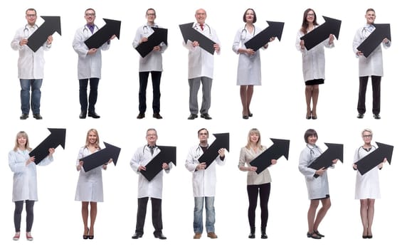 group of successful business people with black arrow isolated on white background