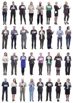 group of people holding tablet and looking into it isolated on white background