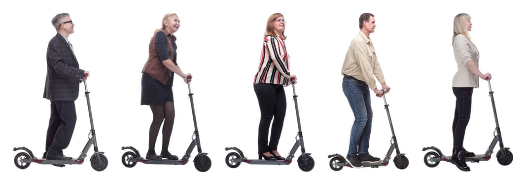 group of successful people on scooter isolated on white background