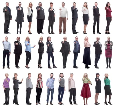 group of business people showing finger at camera isolated on white background