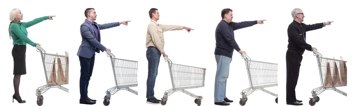 a group of people with a shopping cart point their fingers in front of them on a white background