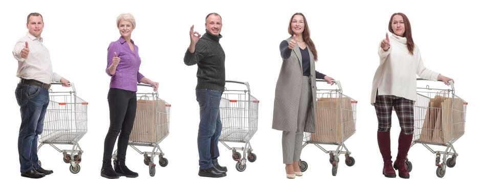 group of people with cart showing thumbs up isolated on white background