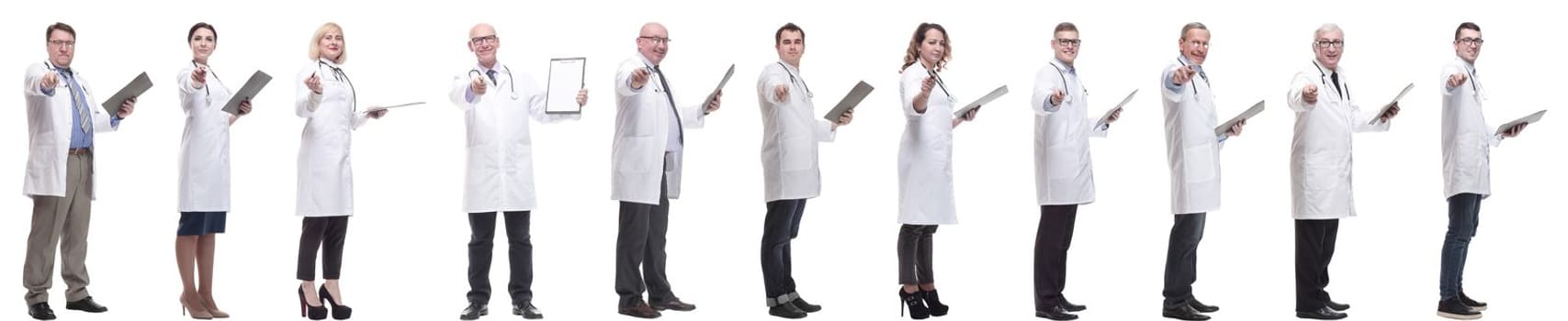 full length group of doctors with notepad isolated on white background