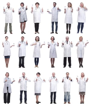 group of doctors holding jar isolated on white background