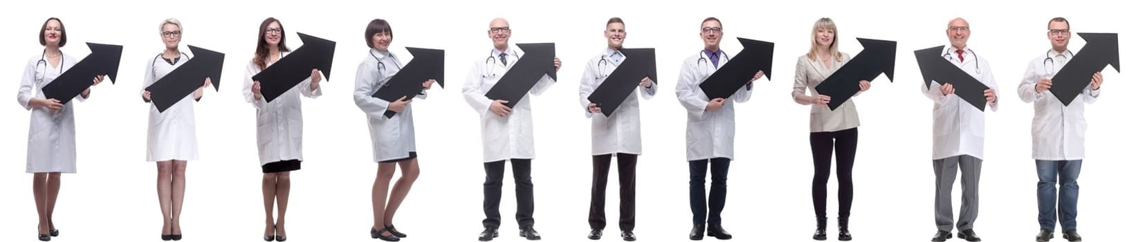 group of successful business people with black arrow isolated on white background