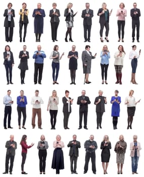 a group of people hold a phone in their hand and look into the phone isolated on a white background