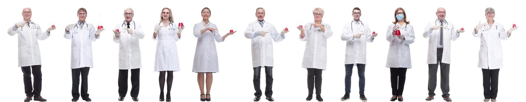 laboratory assistant holding a flask with liquid isolated on white background