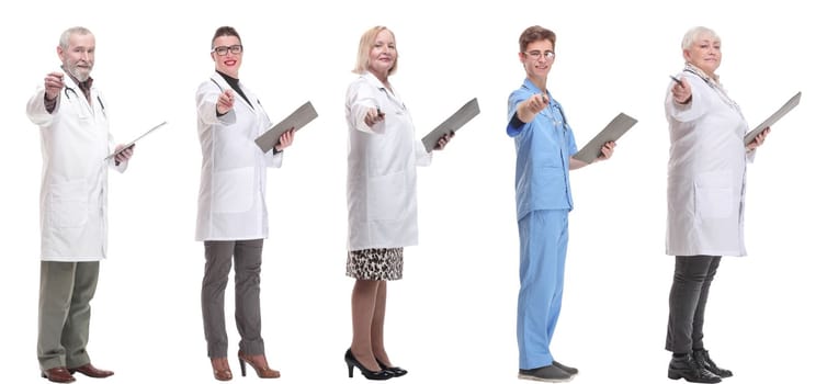 full length group of doctors with notepad isolated on white background
