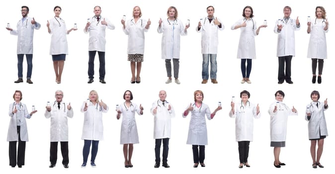 group of doctors holding jar isolated on white background
