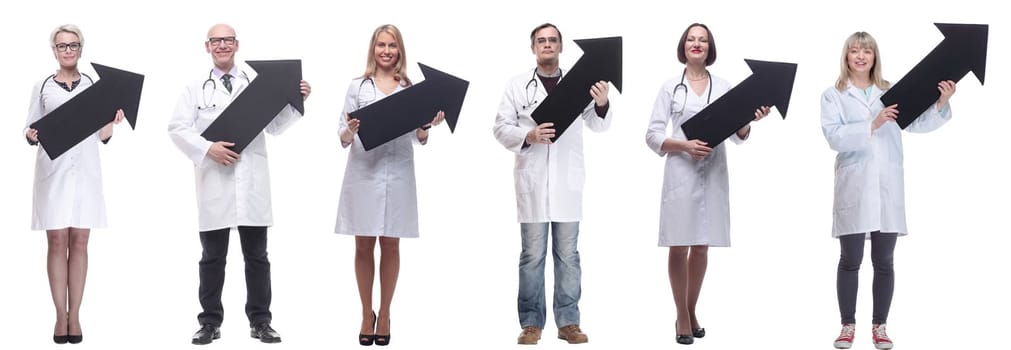 group of successful business people with black arrow isolated on white background