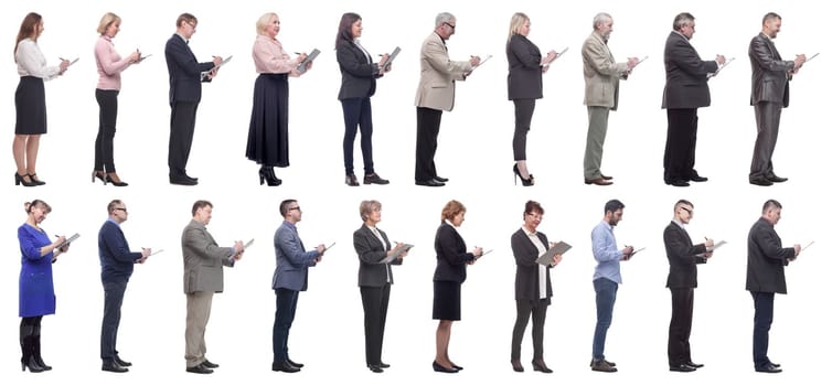 group of successful people with notepad in hands isolated on white background