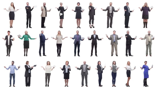 group of people holding tablet with outstretched hand isolated on white background