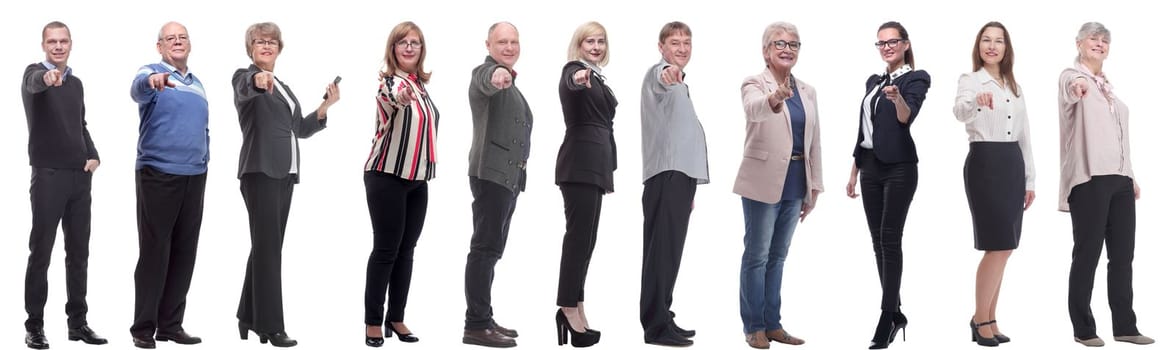 group of business people showing finger at camera isolated on white background