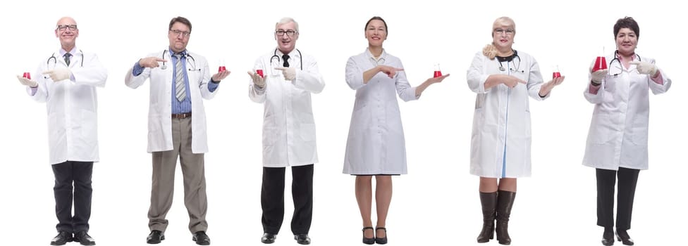 laboratory assistant holding a flask with liquid isolated on white background