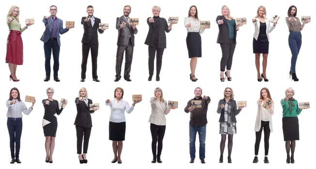 group of happy people with gifts in their hands isolated on white background