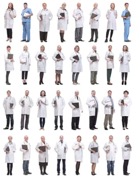 full length group of doctors with notepad isolated on white background