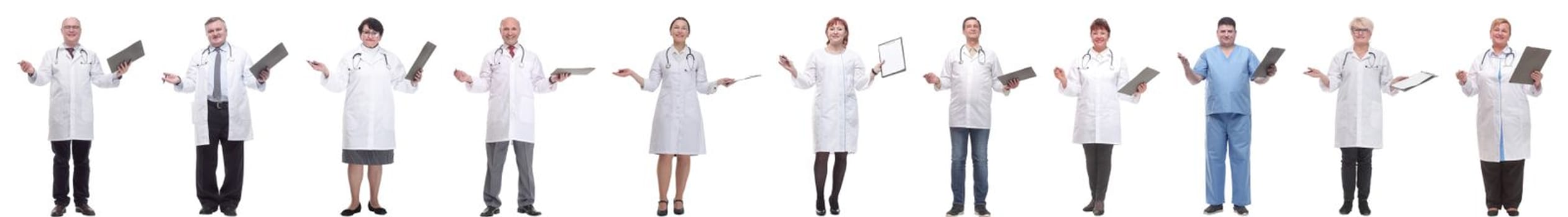 full length group of doctors with notepad isolated on white background