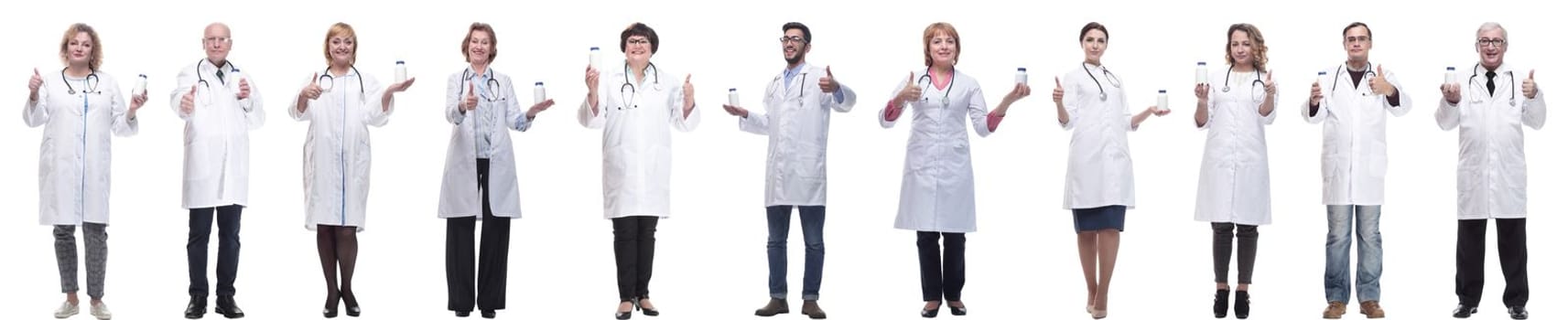 group of doctors holding jar isolated on white background