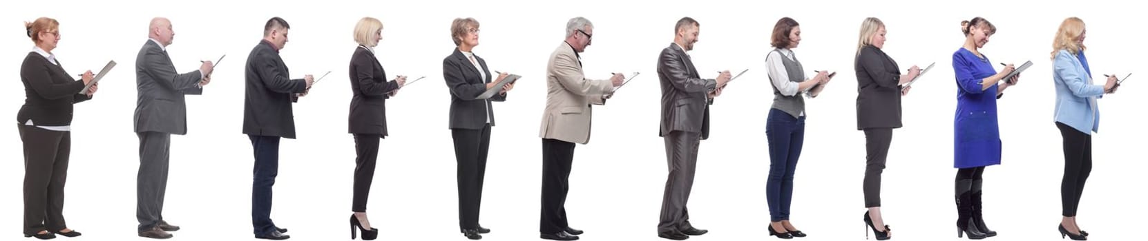 group of successful people with notepad in hands isolated on white background