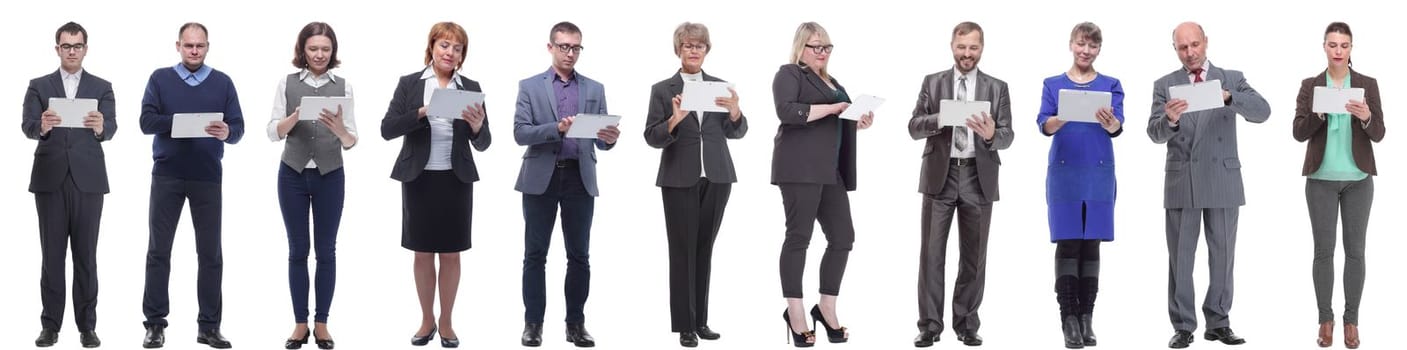 group of people holding tablet and looking into it isolated on white background