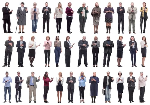 group of people holding phone in hand and looking at camera isolated on white background