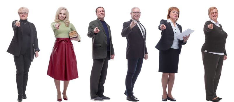 group of business people showing finger at camera isolated on white background