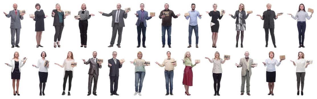 group of happy people with gifts in their hands isolated on white background