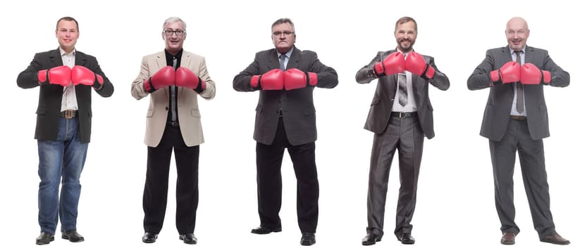 collage of businessmen in boxing gloves isolated on white background