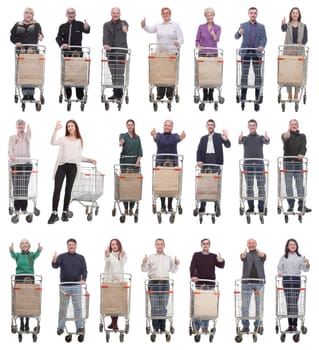 group of people with shopping cart showing thumbs up isolated on white background