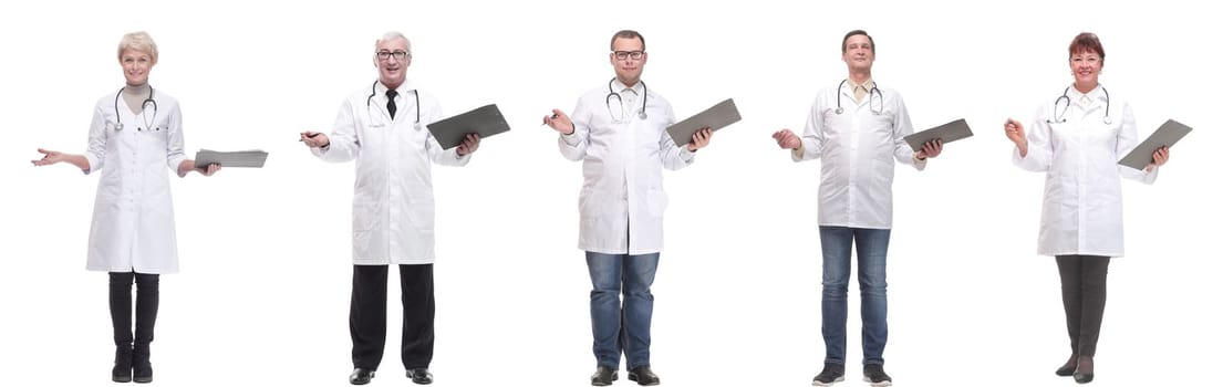 full length group of doctors with notepad isolated on white background