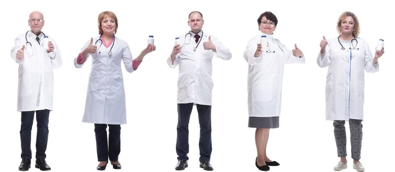 group of doctors holding jar isolated on white background