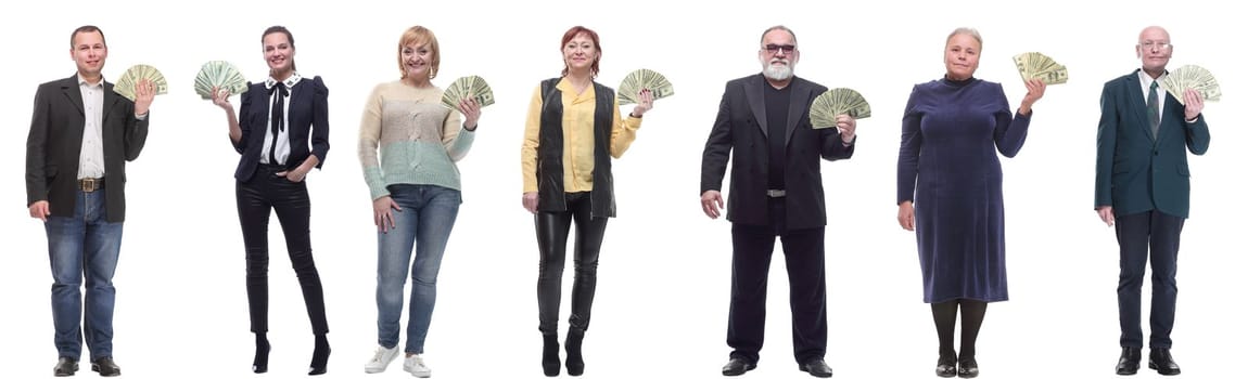 group of successful people holding money in hand isolated on white background