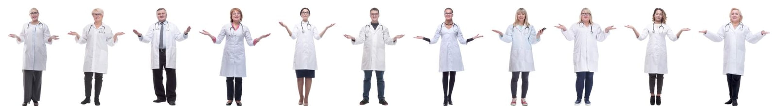 group of doctors in full length isolated on white background