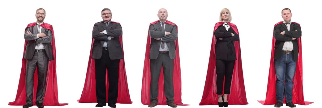 group of people in red raincoat isolated on white background