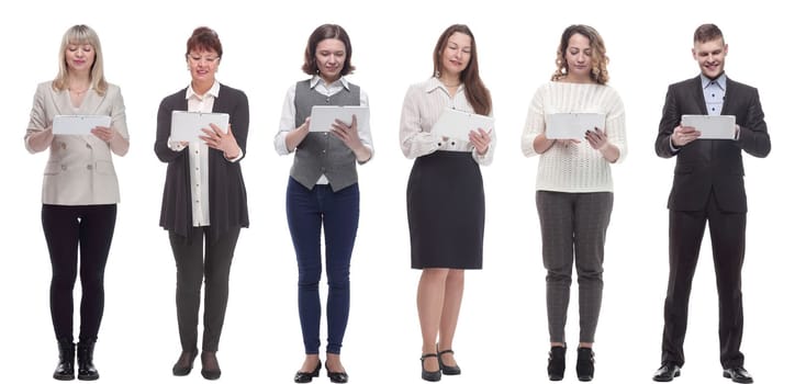 group of people holding tablet and looking into it isolated on white background