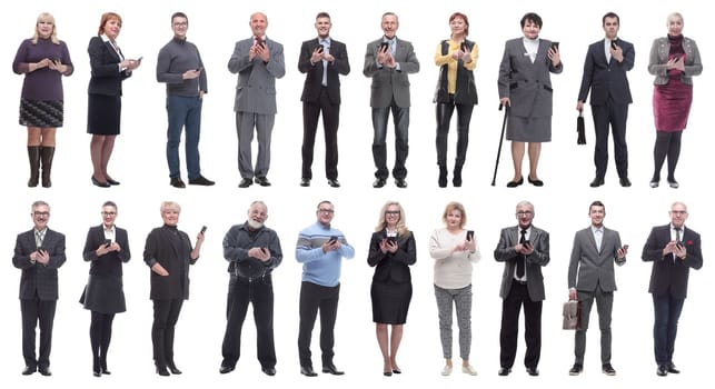 group of people holding phone in hand and looking at camera isolated on white background