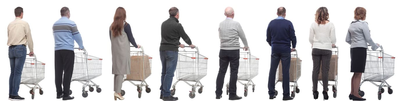 a group of people with a cart stand with their backs isolated on a white background