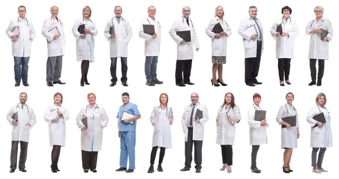 full length group of doctors with notepad isolated on white background