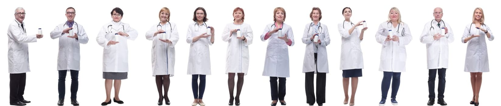 group of doctors holding jar isolated on white background